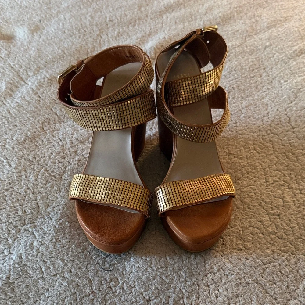Stuart Weitzman Metallic Gold and Tan Wedges Size 10 - Picture 2 of 13